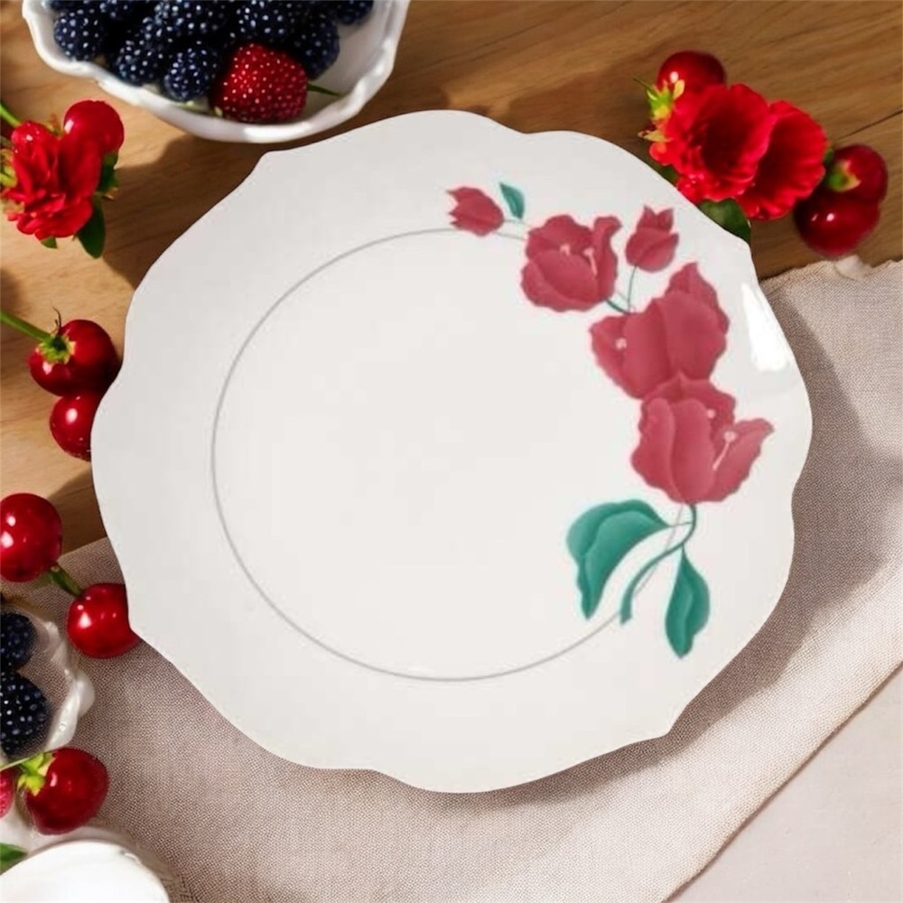 Impressions Arita Bougainville Porcelain Floral White Red Scalloped Dinner Plate